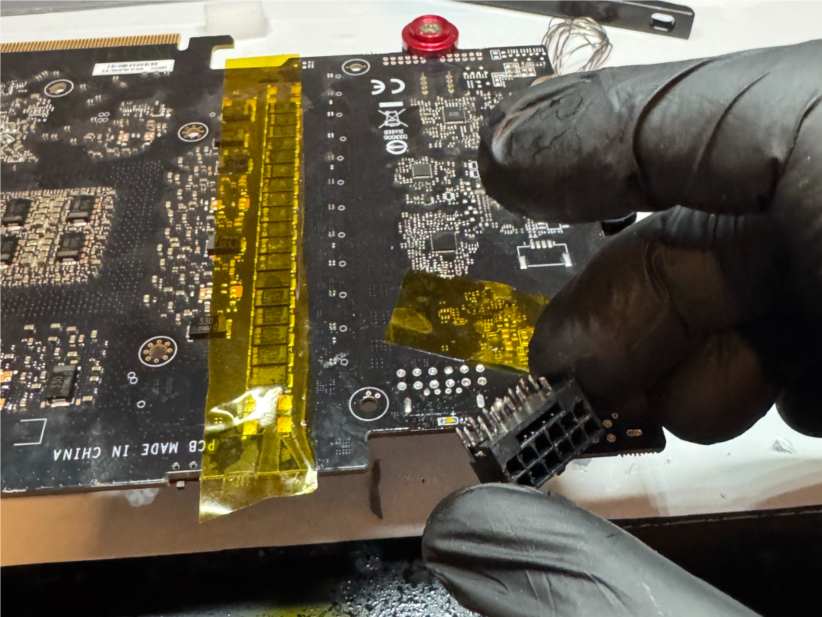 RTX 4090 graphics card circuit board with the 12VHPWR power connector removed